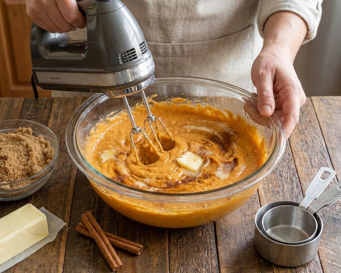 Sweet potato casserole filling being whipped in a large mixing bowl on a home kitchen counter