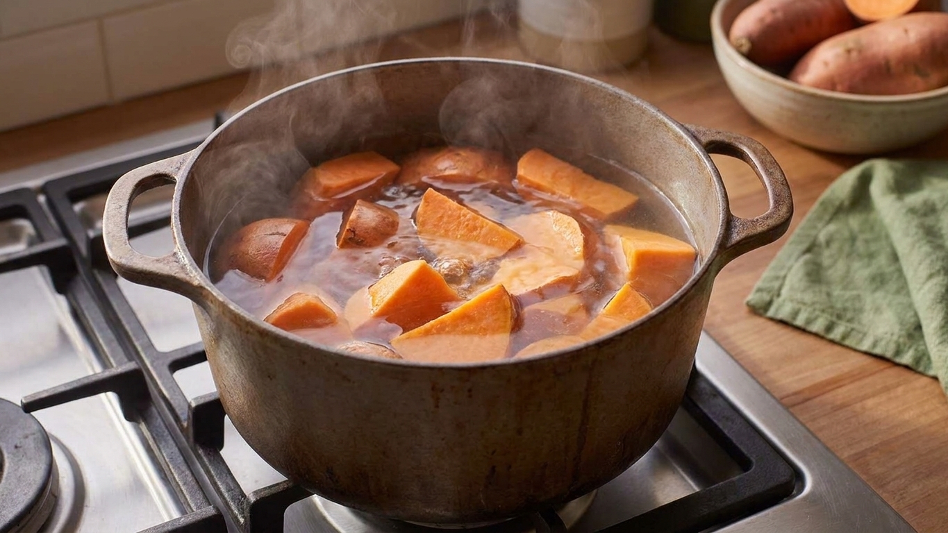 Sweet potato chunks simmering in a large pot of water on a stovetop with gentle steam rising
