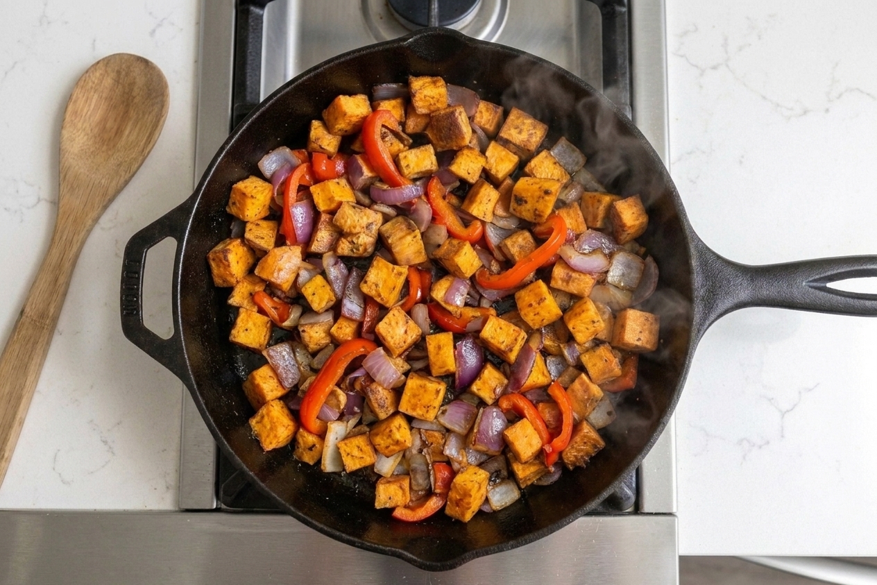 Sweet potato cubes cooking in a skillet with diced red bell pepper and red onion, starting to soften and brown