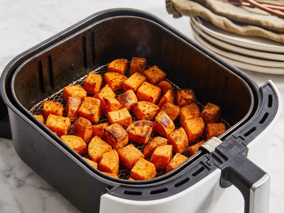 Sweet potato cubes cooking in an air fryer basket with visible browned edges