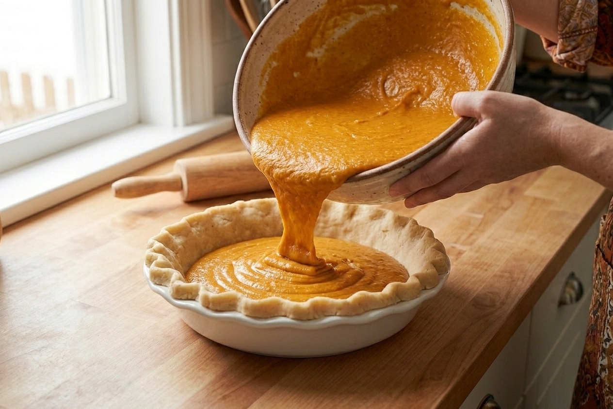 Sweet potato custard filling being poured into an unbaked pie crust in a pie dish