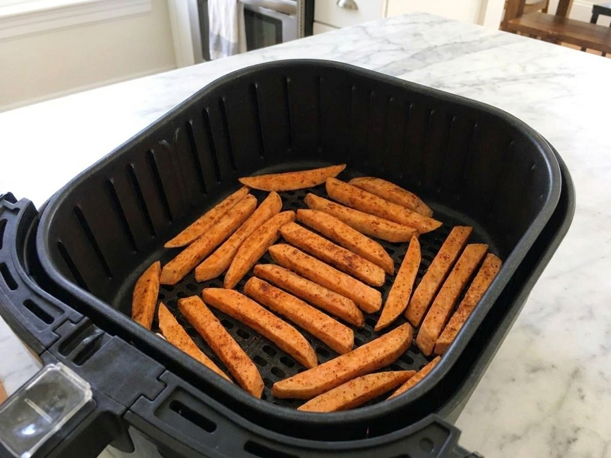 Sweet potato fries arranged in a single layer inside an air fryer basket, showing enough spacing for airflow