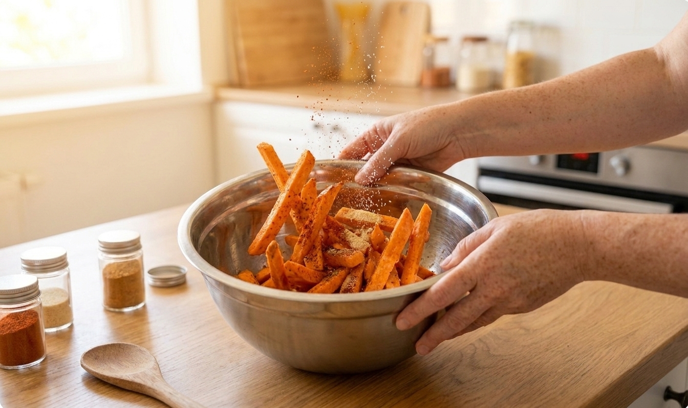 Sweet potato fries being tossed with spices in a large mixing bowl on a kitchen counter
