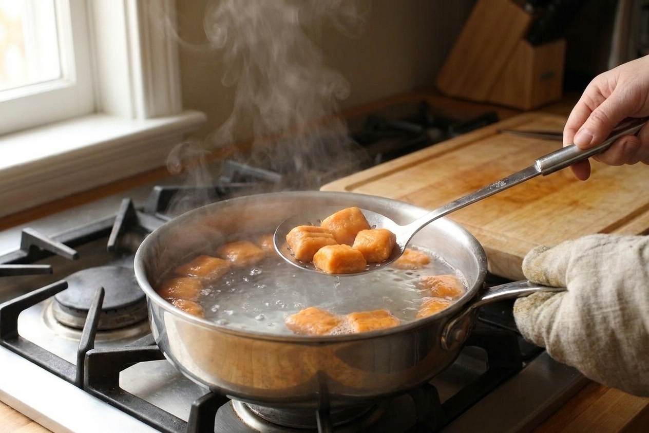 Sweet potato gnocchi floating at the surface of a pot of gently boiling water, with a slotted spoon lifting a few pieces