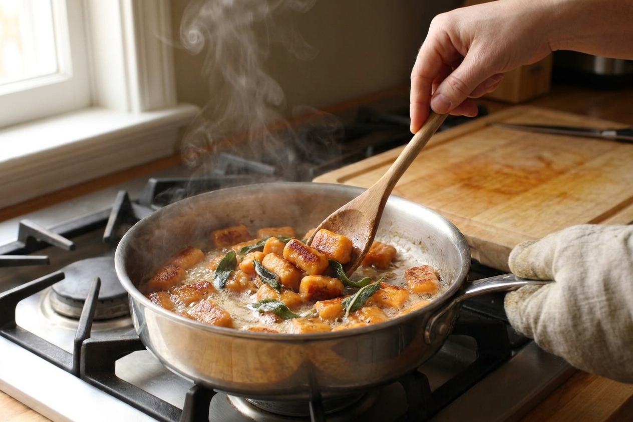 Sweet potato gnocchi sizzling in a skillet with brown butter and sage leaves, edges turning golden