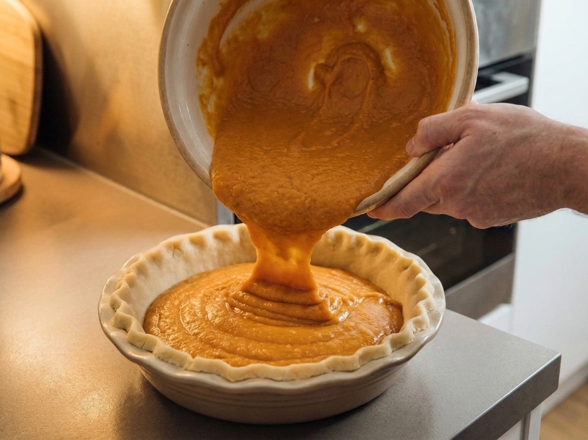 Sweet potato pie filling being poured into an unbaked deep-dish pie crust in a ceramic pie dish