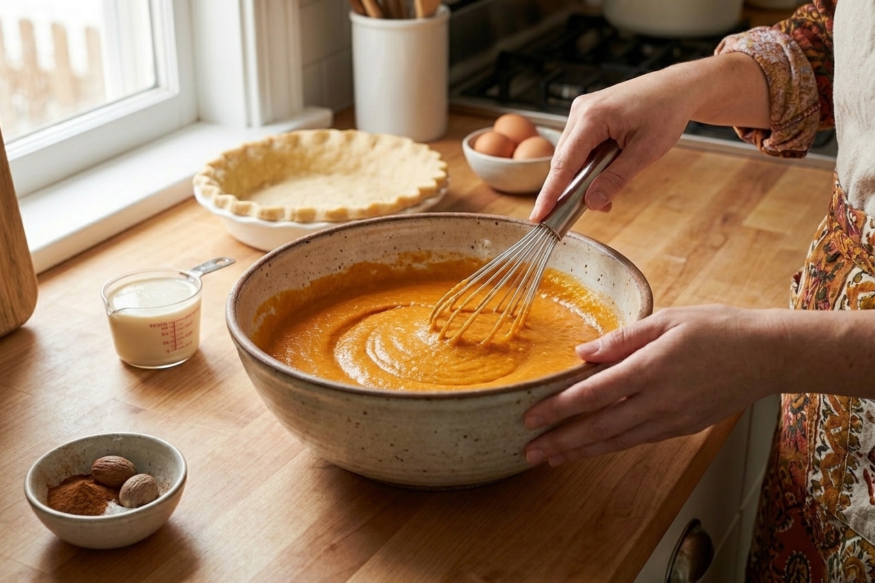 Sweet potato pie filling being whisked in a large mixing bowl on a kitchen counter