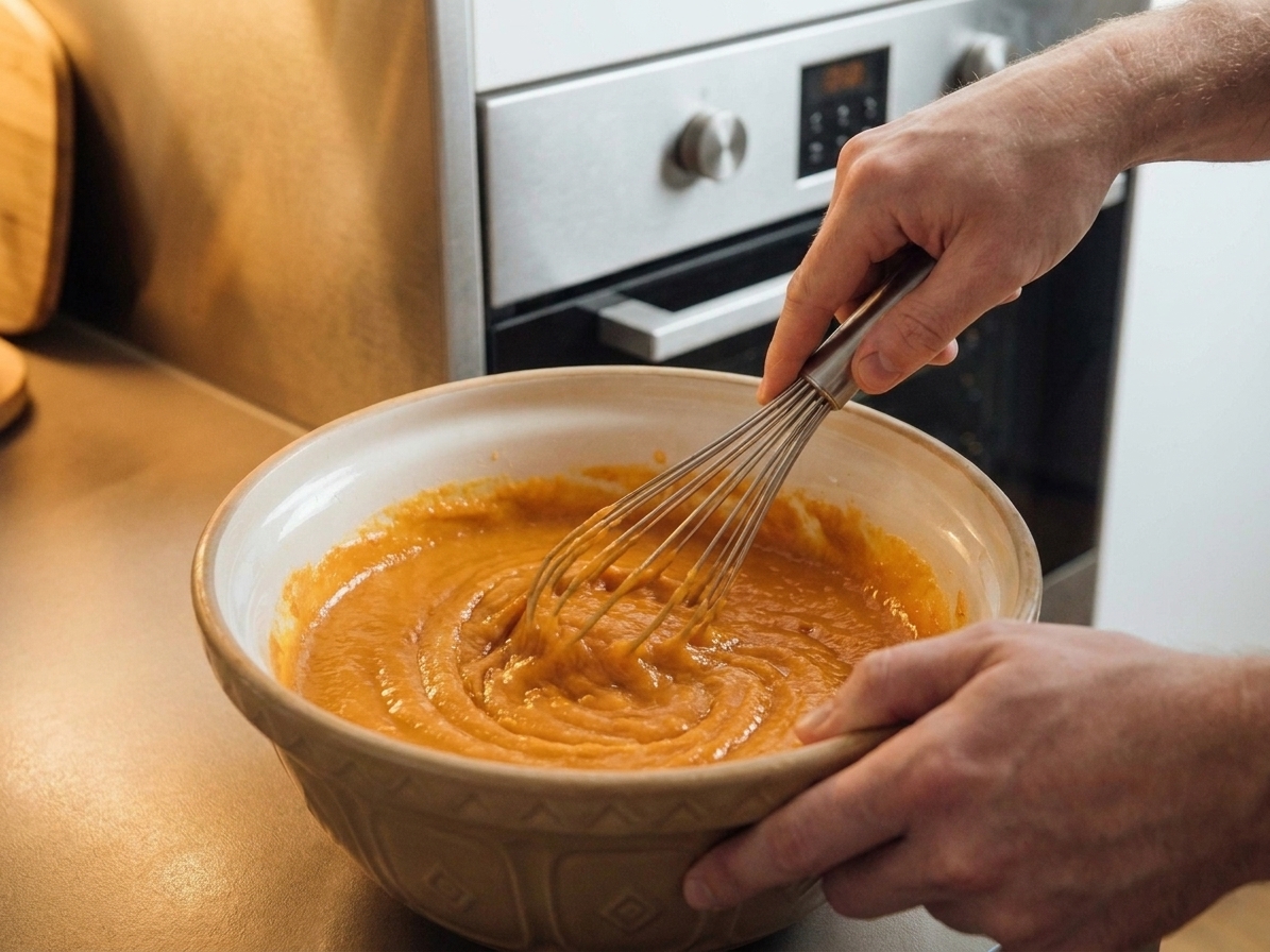 Sweet potato pie filling being whisked in a large bowl until smooth and glossy