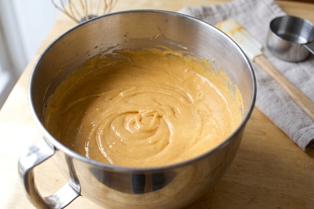 Sweet potato pound cake batter mixed in a stand mixer bowl, showing a smooth light orange batter
