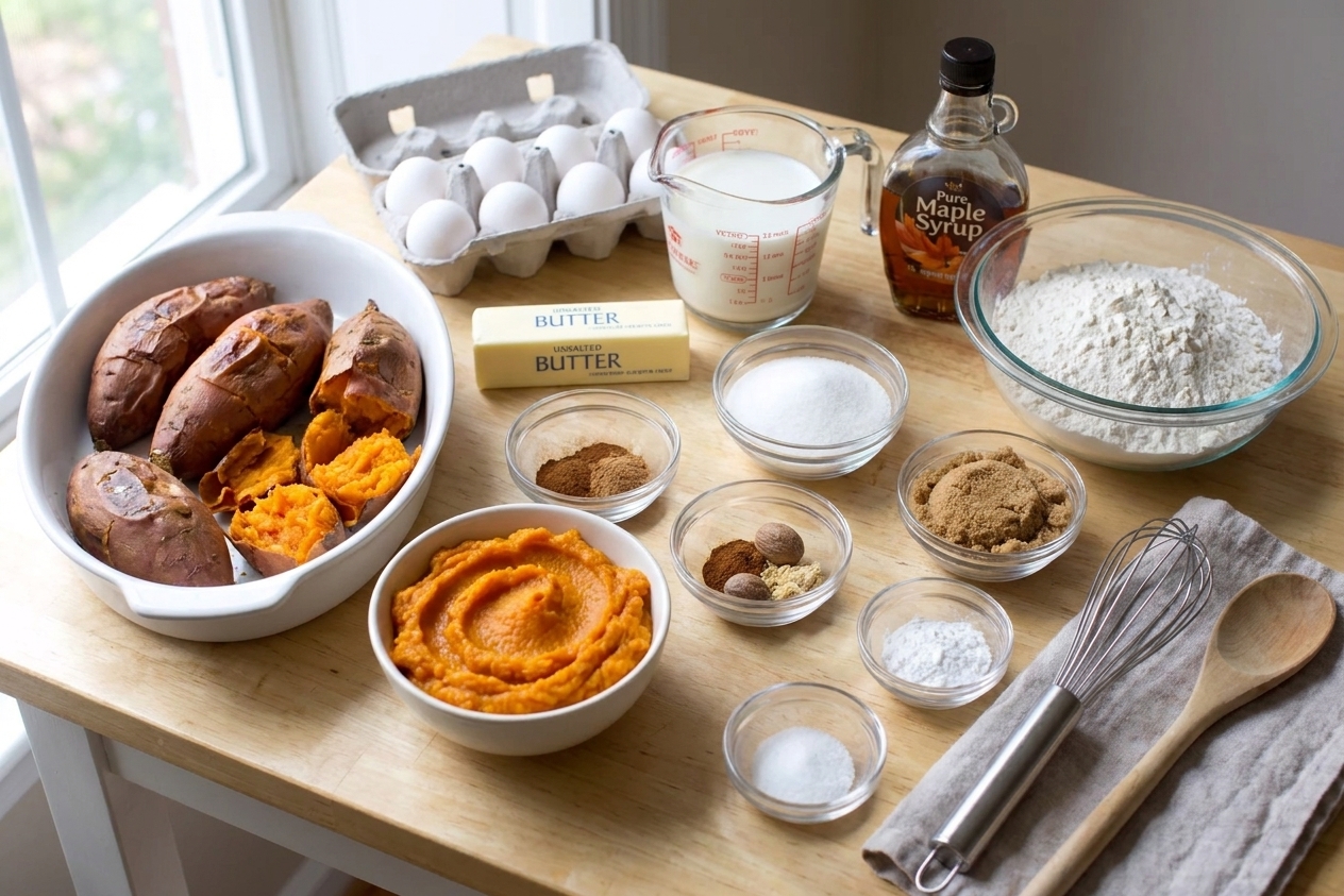 Sweet potato pound cake ingredients arranged on a kitchen counter including butter, eggs, flour, sugar, spices, milk, maple syrup, and roasted sweet potato puree
