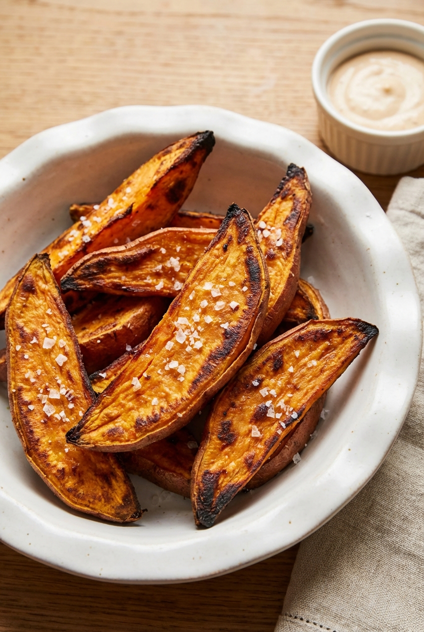 Sweet potato wedges with crisp edges and flaky salt