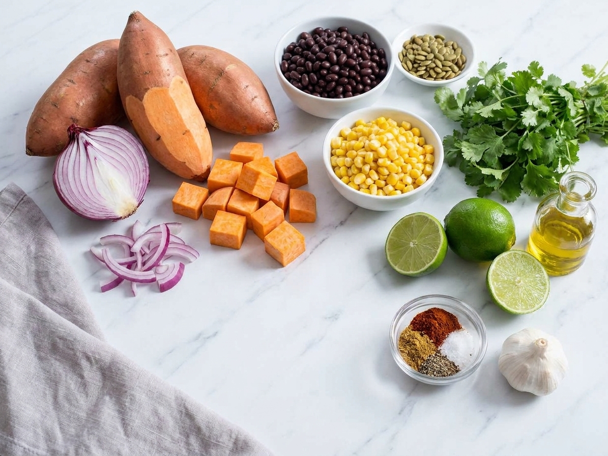 Sweet potatoes, black beans, corn, red onion, cilantro, limes, pepitas, olive oil, and spices arranged on a clean kitchen counter