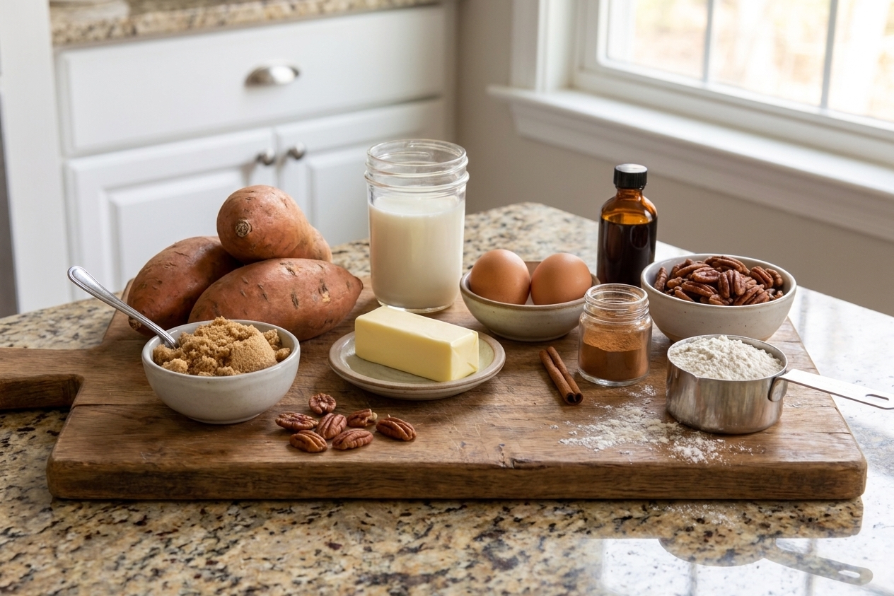 Sweet potatoes, brown sugar, butter, eggs, milk, vanilla, cinnamon, pecans, and flour arranged on a wooden cutting board on a home kitchen counter
