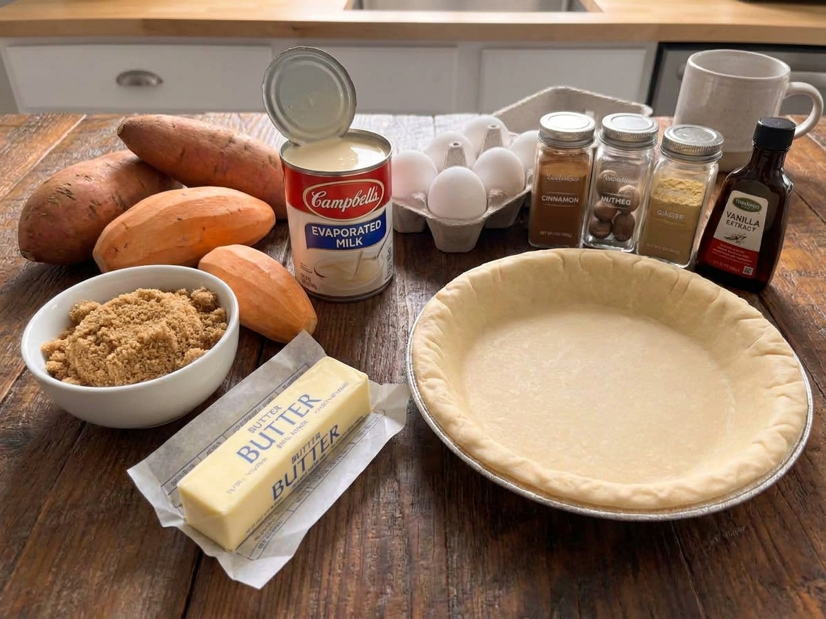 Sweet potatoes, brown sugar, evaporated milk, eggs, butter, spices, vanilla, and an unbaked pie crust arranged on a clean kitchen counter