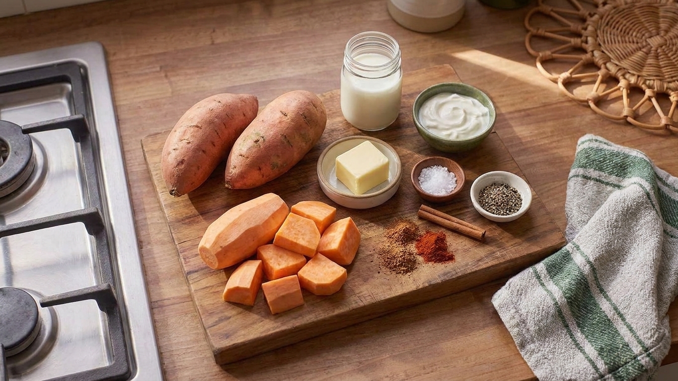 Sweet potatoes, butter, milk, sour cream, salt, pepper, and spices arranged on a wooden cutting board on a kitchen counter