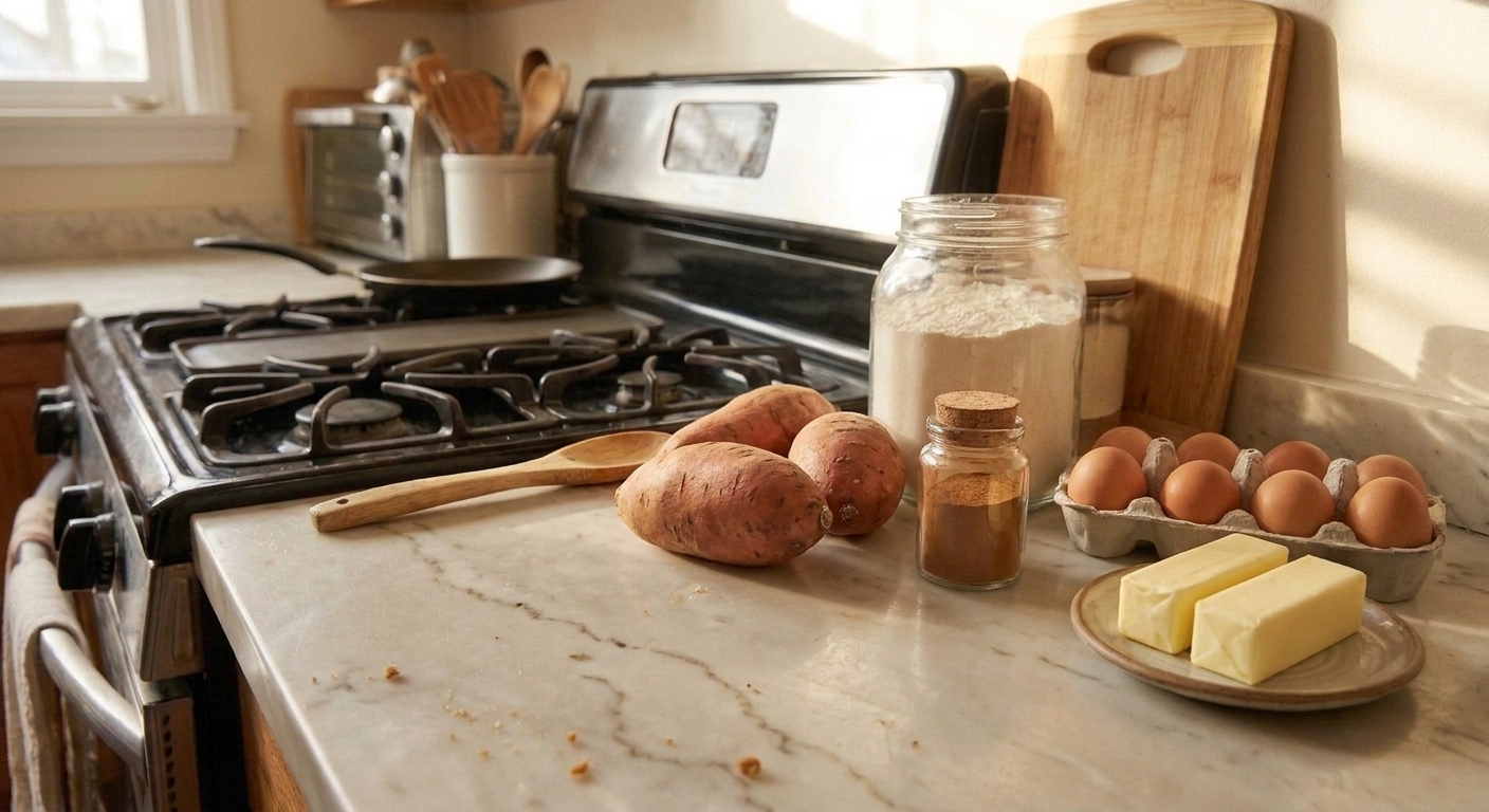 Sweet potatoes, cinnamon, flour, eggs, and butter arranged on a kitchen counter ready for baking