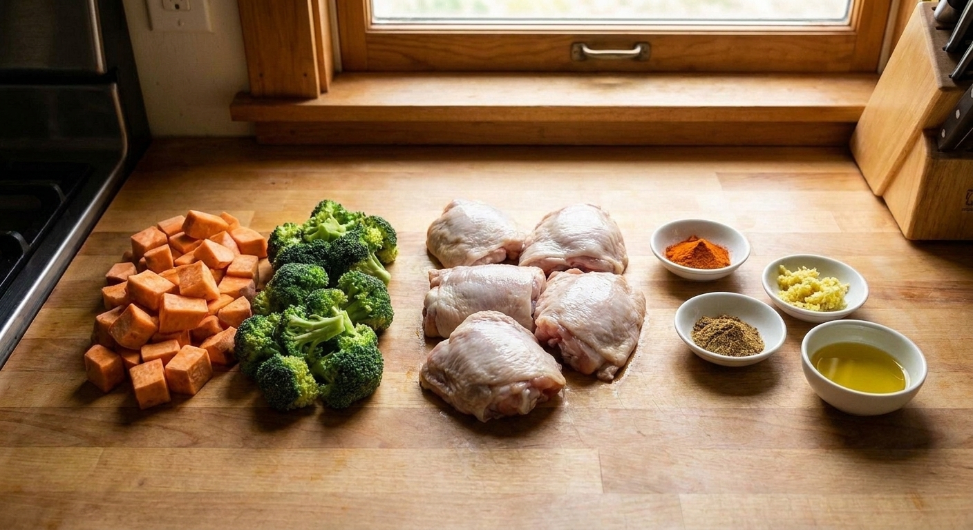 Sweet potatoes cut into chunks, broccoli florets, and raw chicken thighs on a kitchen counter with small bowls of turmeric, ginger, cumin, and olive oil