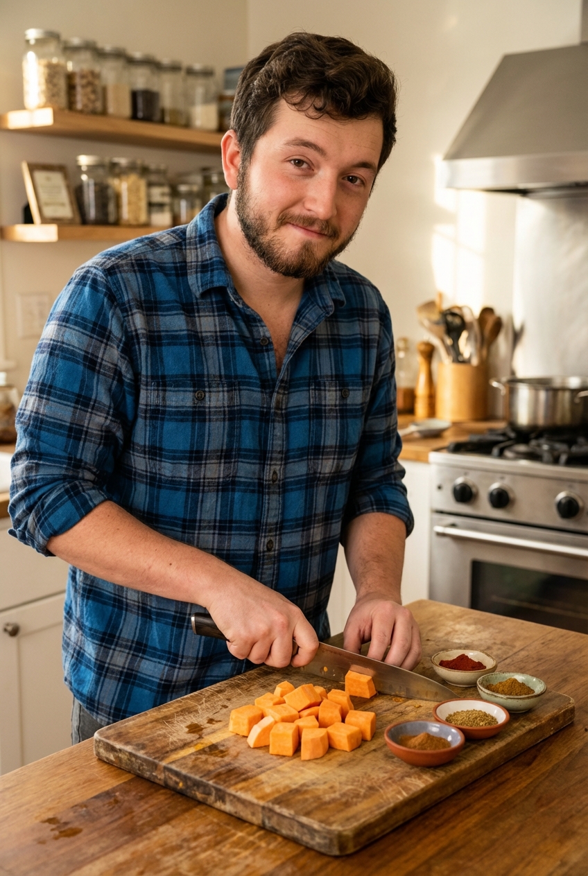 Sweet potatoes cut into cubes on a cutting board with a chef's knife and small bowls of spices nearby in a home kitchen