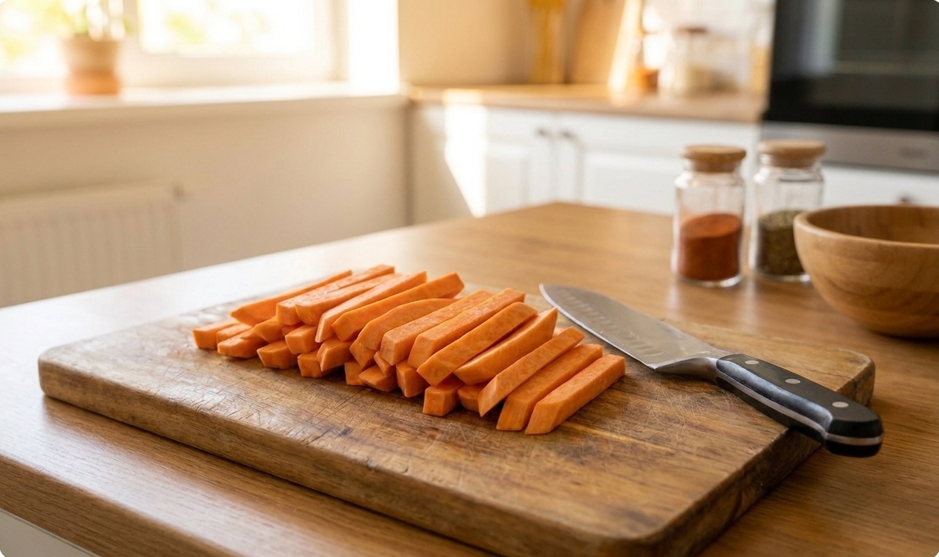 Sweet potatoes cut into even fry-shaped sticks on a wooden cutting board next to a chef's knife