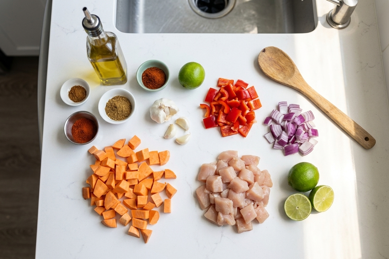 Sweet potatoes, diced chicken, red bell pepper, red onion, garlic, lime, spices, and olive oil arranged on a tidy kitchen counter with warm natural light
