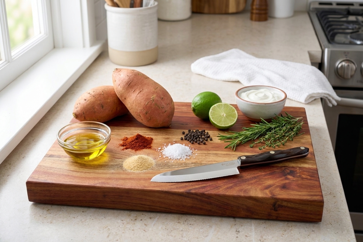 Sweet potatoes, olive oil, smoked paprika, garlic powder, salt, pepper, lime, and yogurt arranged on a wooden cutting board in a bright home kitchen