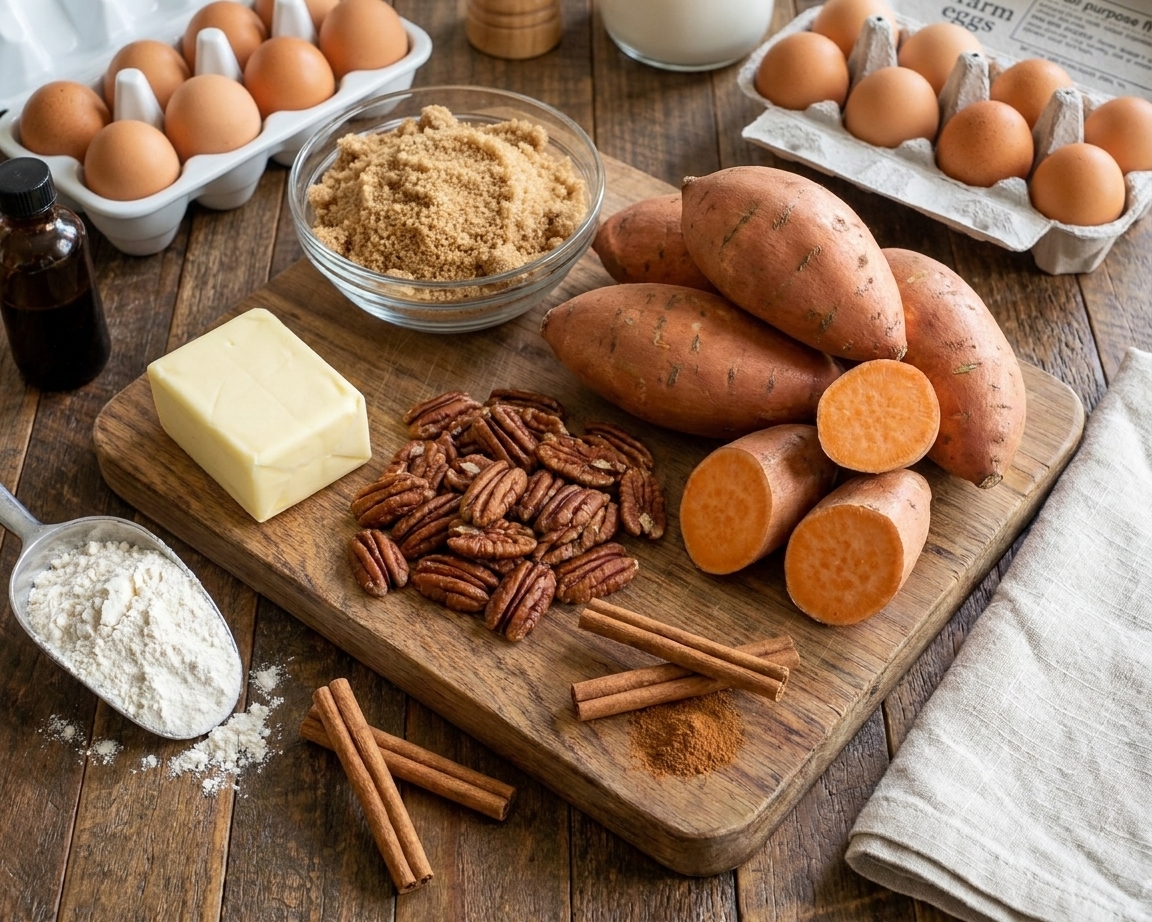 Sweet potatoes, pecans, butter, brown sugar, eggs, flour, vanilla, and cinnamon arranged on a wooden cutting board