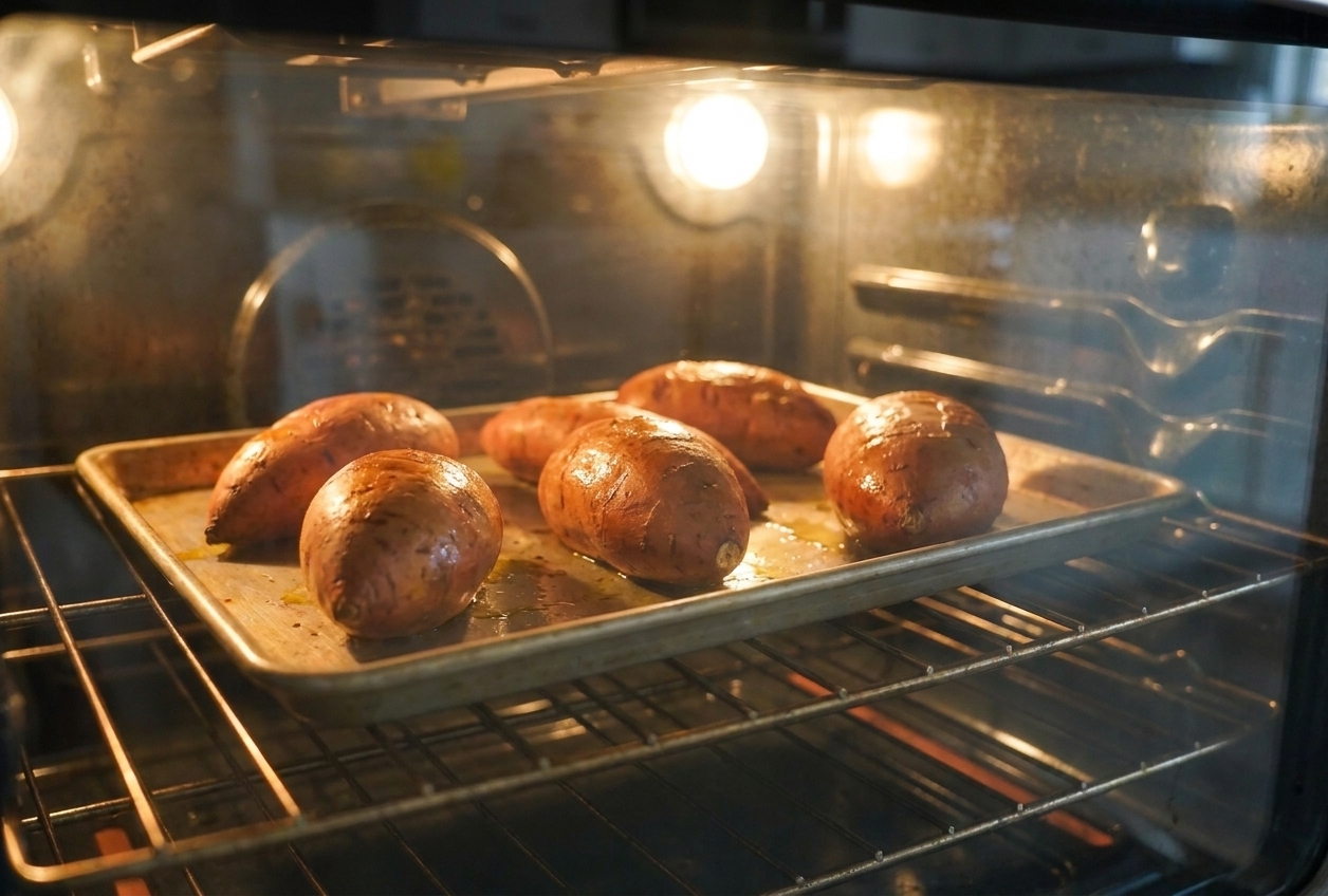 Sweet potatoes roasting on a sheet pan on an oven rack with warm kitchen lighting