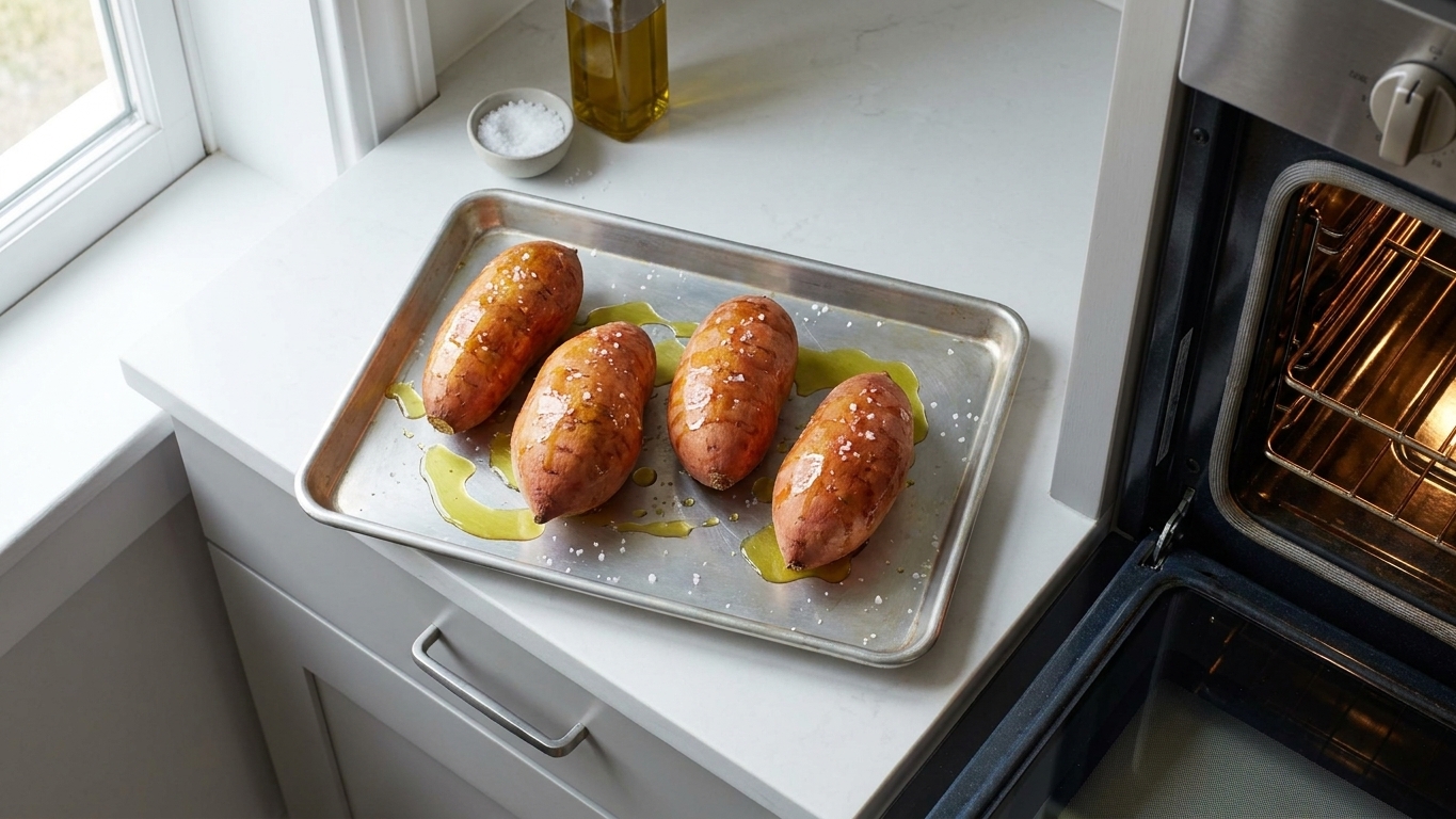 Sweet potatoes rubbed with oil and salt on a rimmed baking sheet, ready to go into the oven