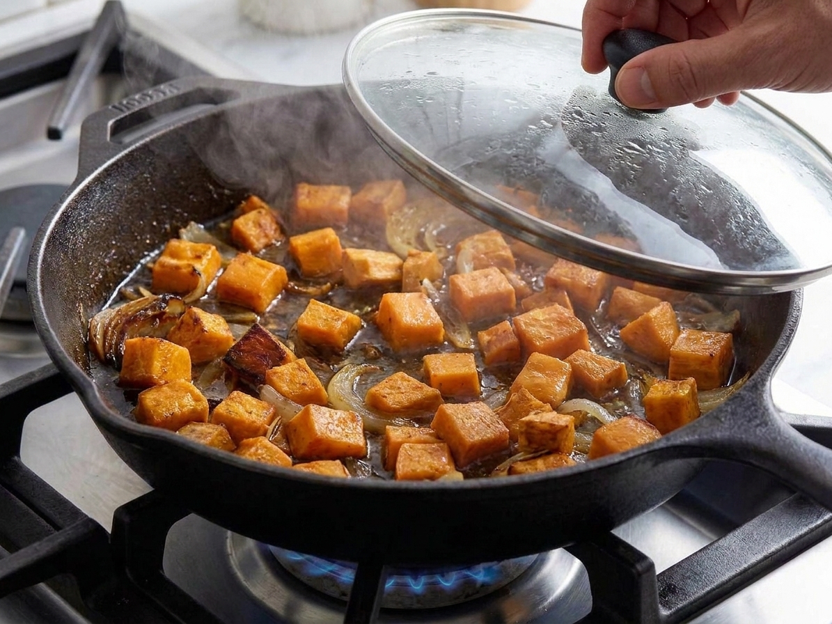 Sweet potatoes simmering in a seasoned skillet mixture with a glass lid partially lifted, showing steam and tender cubes