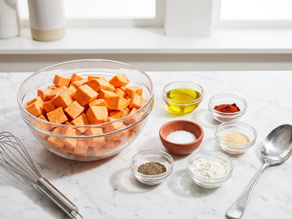 Sweet potatoes with olive oil, smoked paprika, garlic powder, salt, pepper, and cornstarch measured and ready to mix on a clean kitchen counter