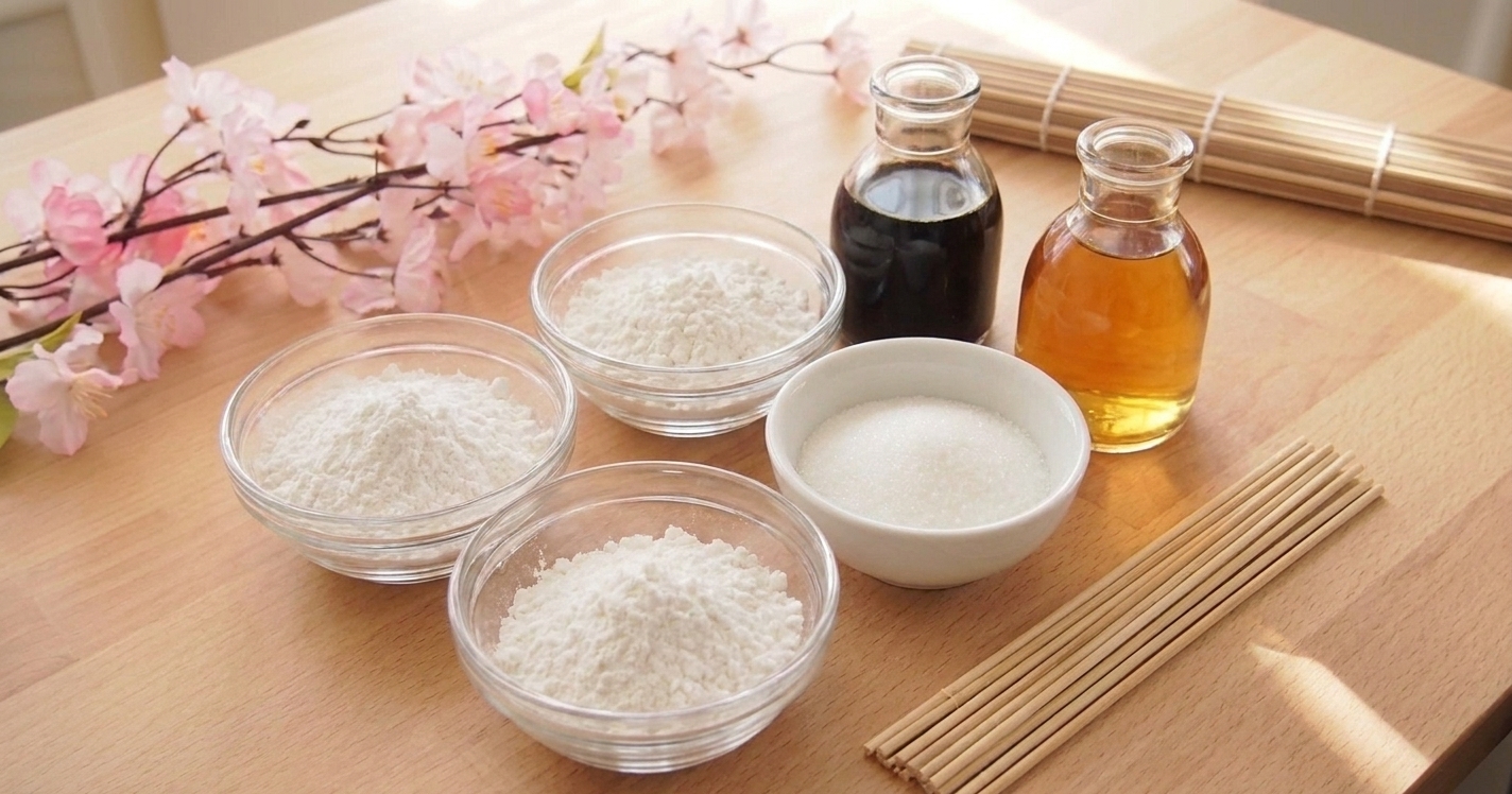 Sweet rice flour, regular rice flour, sugar, soy sauce, mirin, and skewers arranged on a clean kitchen counter with small prep bowls