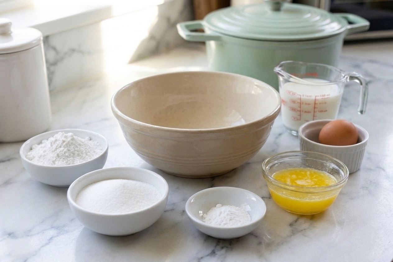 Sweet rice flour, sugar, baking powder, milk, eggs, and butter arranged on a clean kitchen counter with a mixing bowl