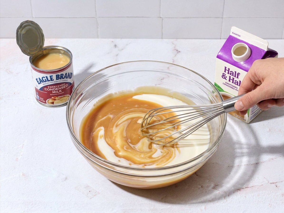 Sweetened condensed milk and half-and-half being whisked together in a mixing bowl on a kitchen counter