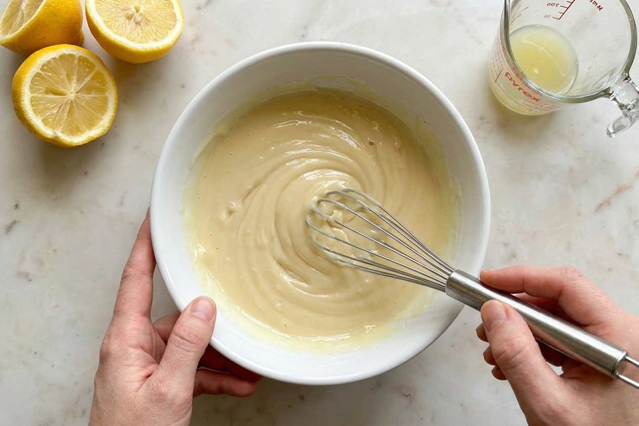 Sweetened condensed milk and lemon juice being whisked together until glossy and slightly thick