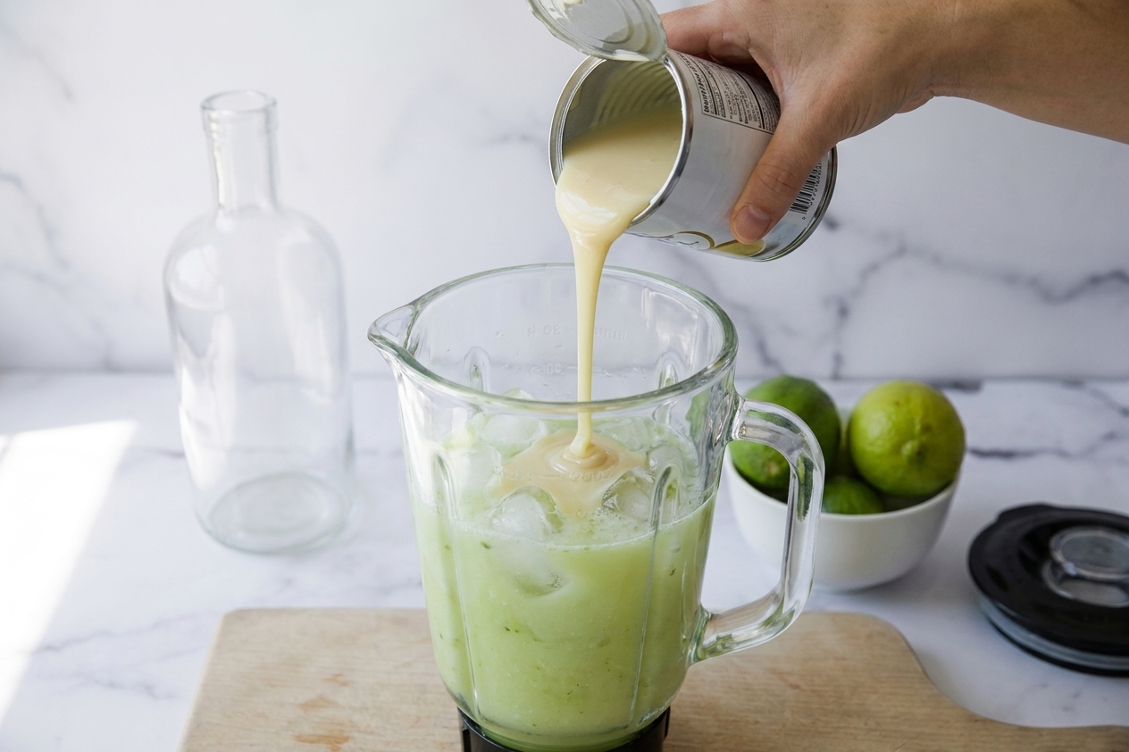 Sweetened condensed milk being poured into a blender with strained lime liquid and ice, ready to blend