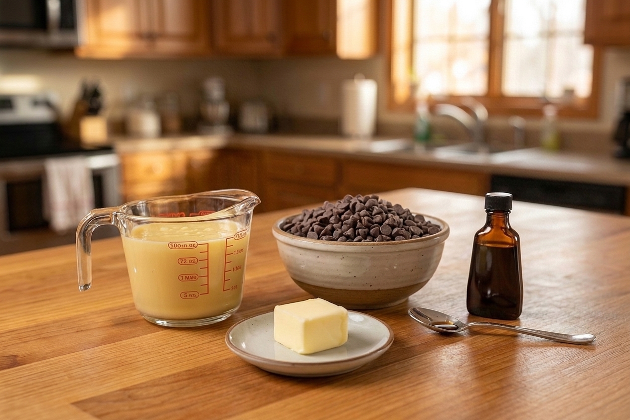 Sweetened condensed milk, chocolate chips, butter, and vanilla measured on a light-colored kitchen counter in a cozy home kitchen