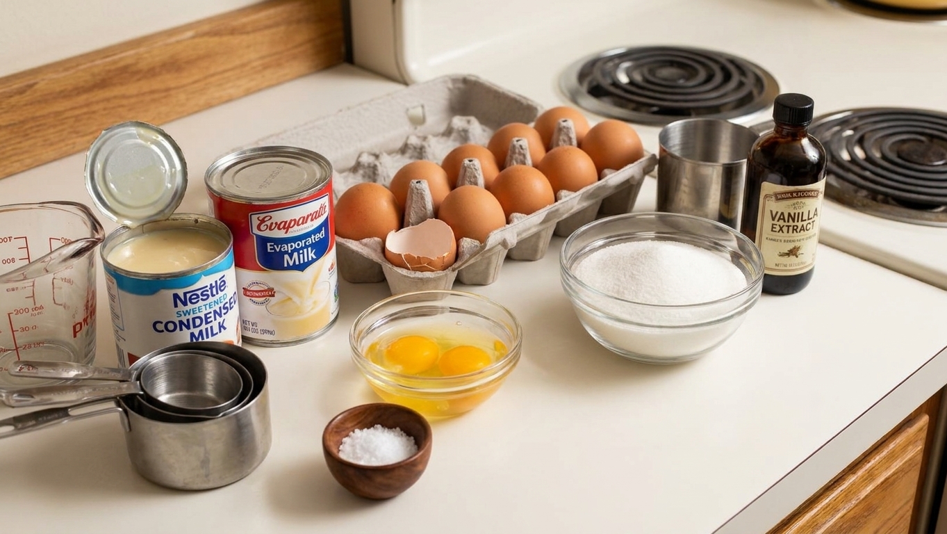 Sweetened condensed milk, evaporated milk, eggs, sugar, vanilla, and salt arranged on a clean kitchen counter with measuring cups