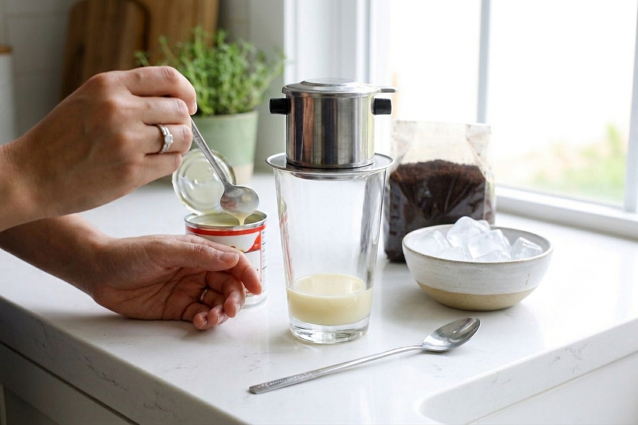Sweetened condensed milk, ground coffee, a Vietnamese phin filter, ice, and a glass arranged on a tidy kitchen counter in natural light