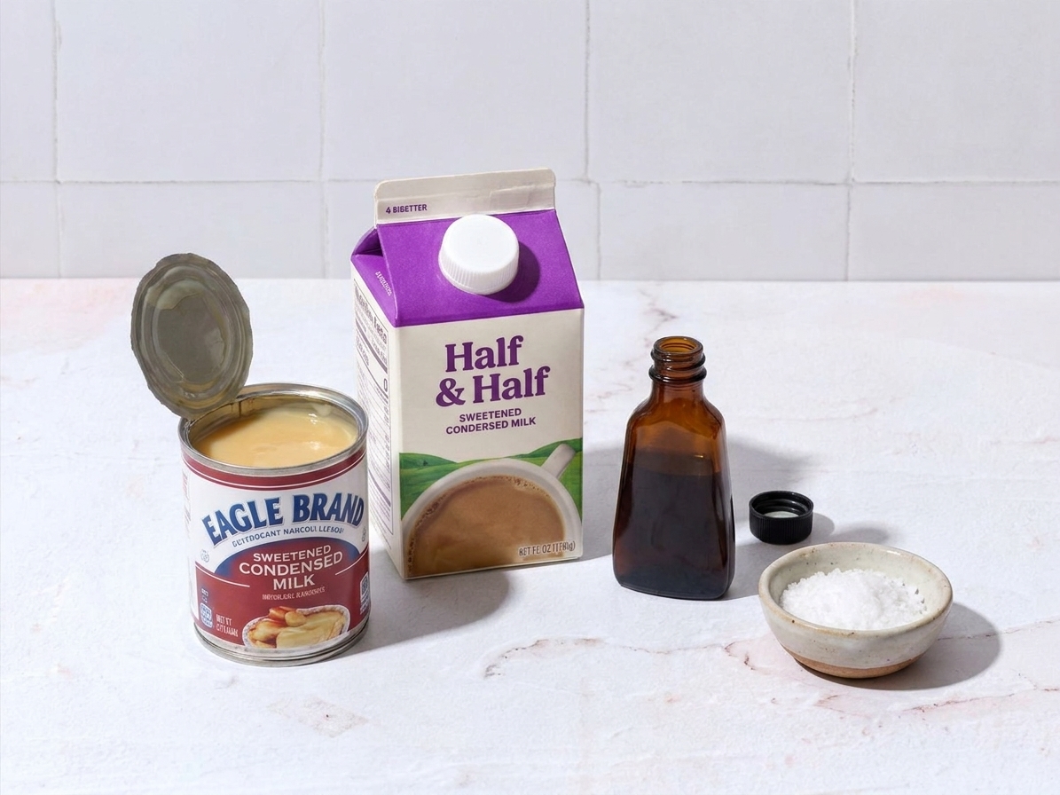 Sweetened condensed milk, half-and-half, vanilla extract, and a pinch bowl of salt arranged on a clean kitchen counter