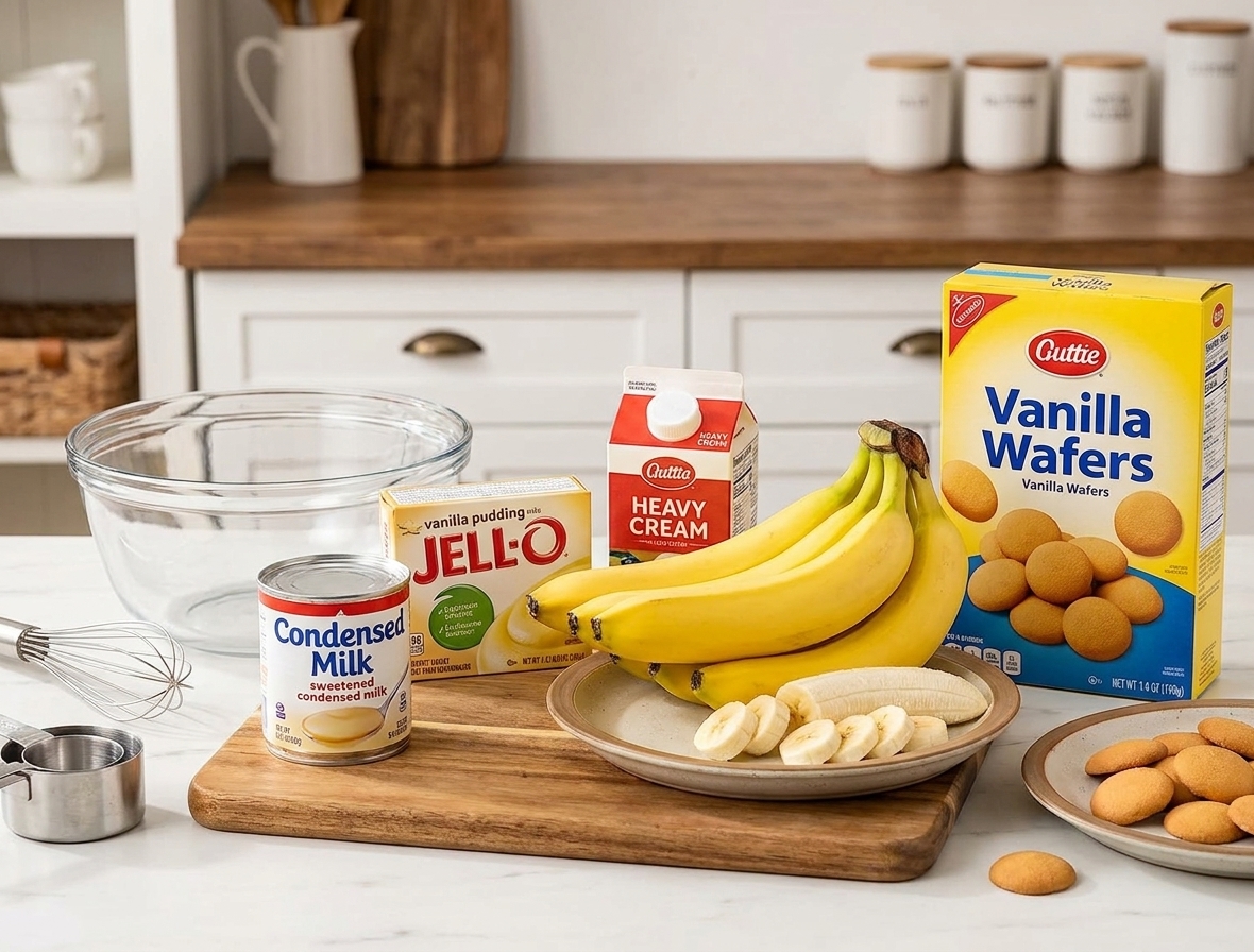 Sweetened condensed milk, instant vanilla pudding mix, heavy cream, bananas, and vanilla wafers arranged on a kitchen counter.
