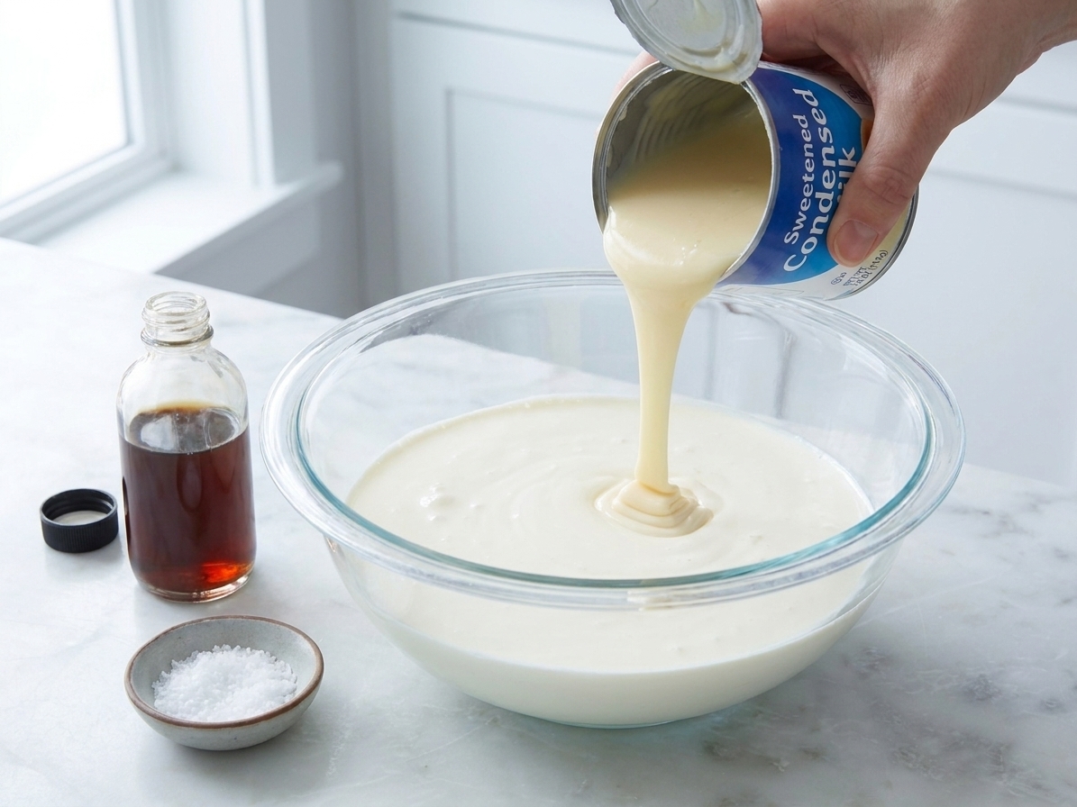 Sweetened condensed milk poured into a bowl with vanilla extract and salt measured nearby