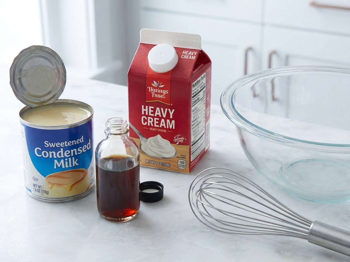 Sweetened condensed milk, vanilla extract, and a carton of heavy cream arranged on a clean kitchen counter with a whisk and mixing bowl nearby