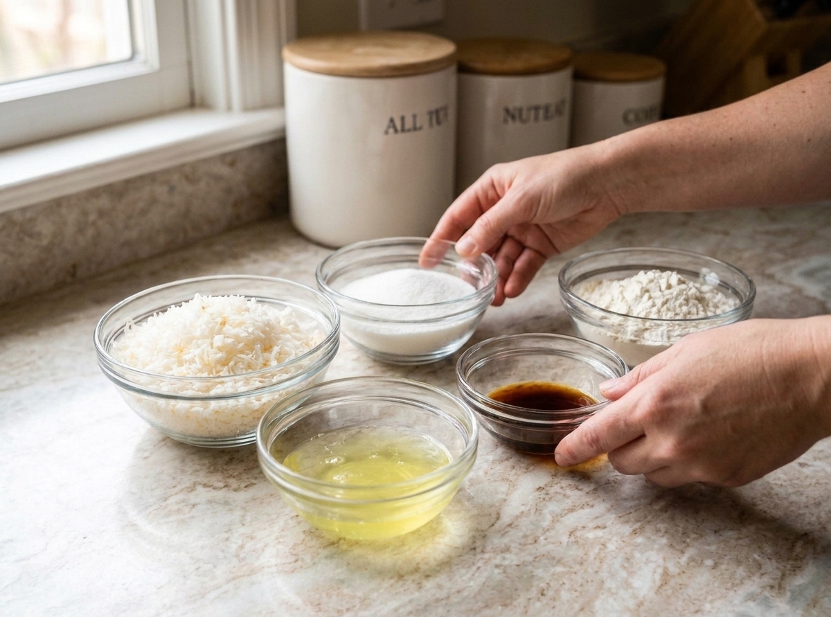 Sweetened shredded coconut, egg whites, sugar, vanilla, and flour measured in small bowls on a kitchen counter, ready for baking