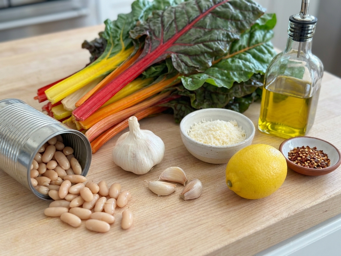 Swiss chard leaves and stems, canned white beans, lemon, garlic, Parmesan, olive oil, and red pepper flakes arranged on a light kitchen counter