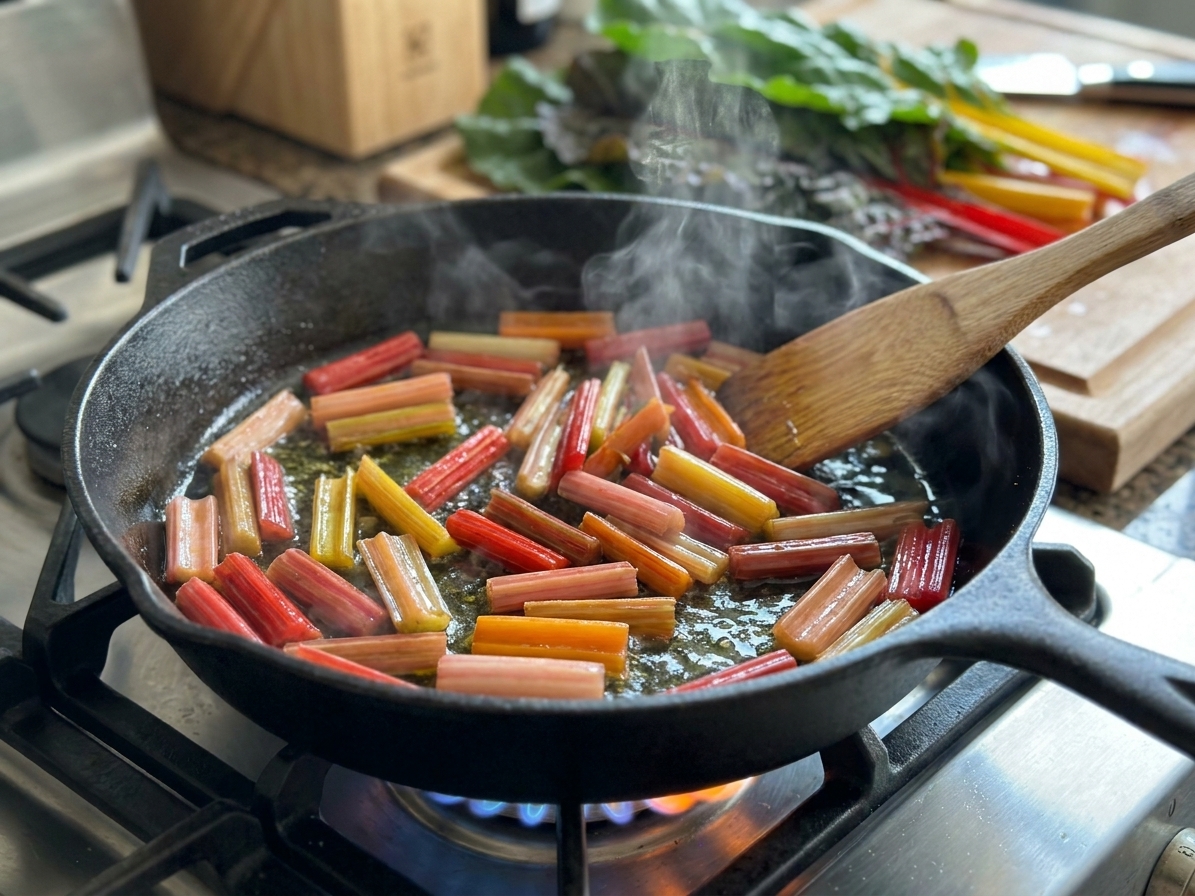 Swiss chard stems sautéing in olive oil in a large skillet on a stovetop, steam rising