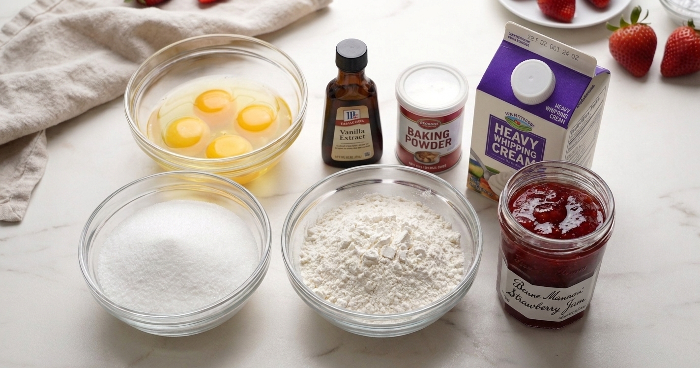 Swiss roll ingredients arranged on a light kitchen counter, including eggs, sugar, flour, vanilla, baking powder, cream, and jam