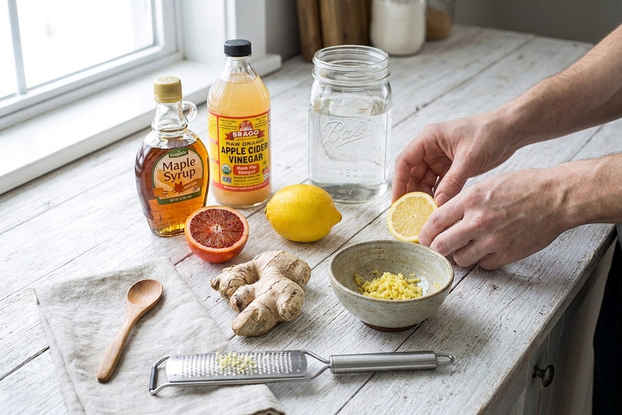 Switchel ingredients on a kitchen counter including fresh ginger, lemon, maple syrup, apple cider vinegar, and a jar of water