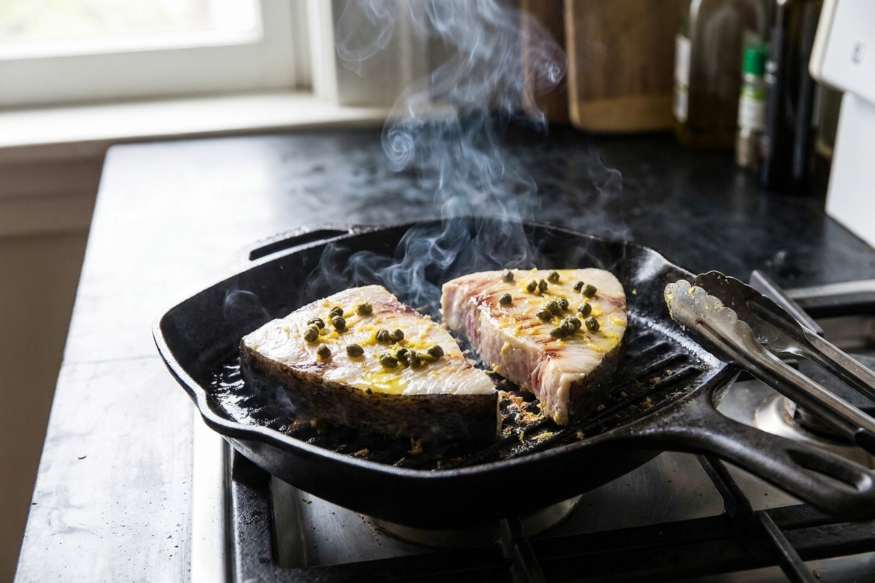 Swordfish steaks cooking on a grill as golden brown grill marks form and light smoke rises