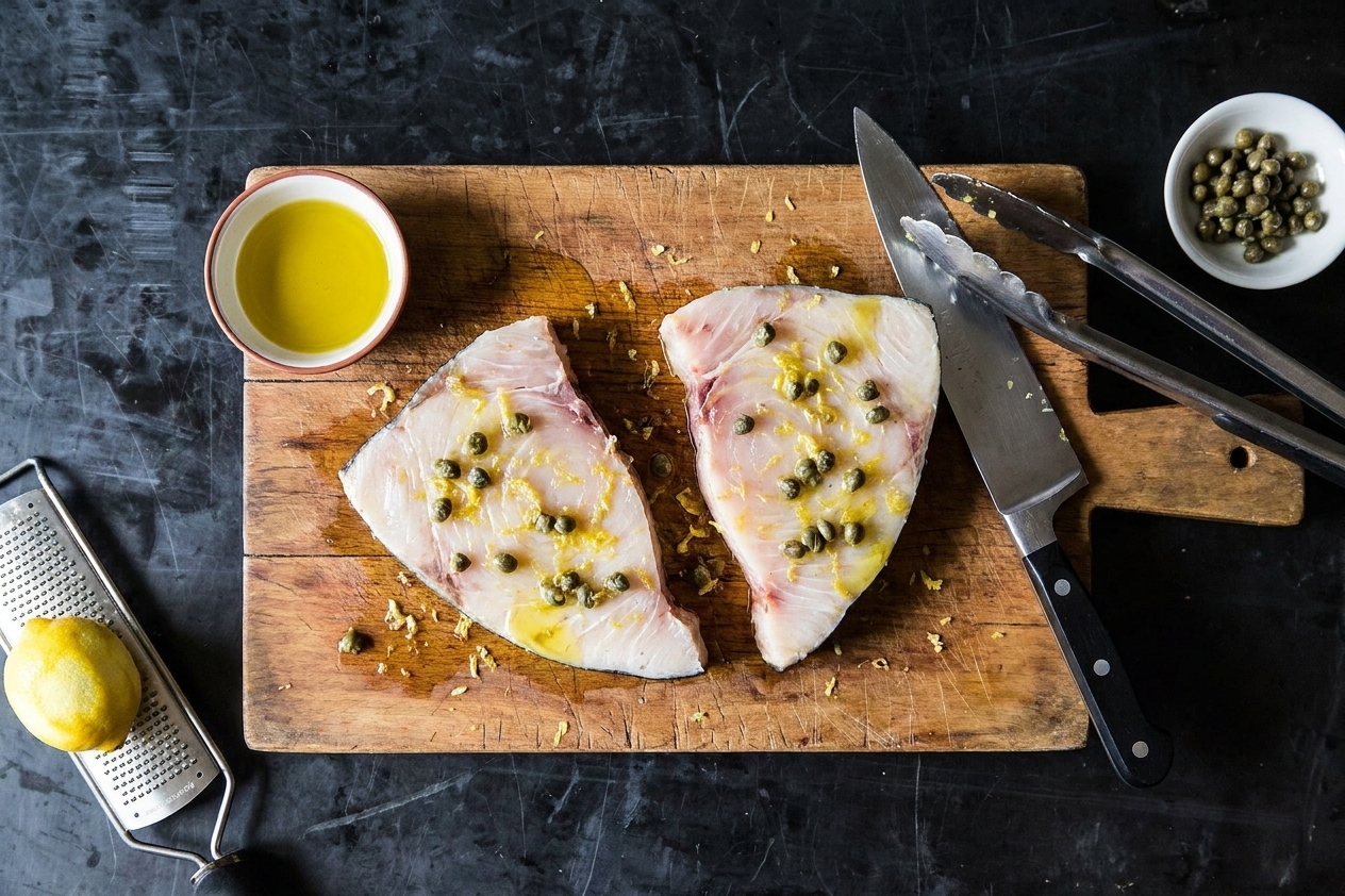 Swordfish steaks rubbed with olive oil, lemon zest, and spices on a cutting board, ready to go to the grill