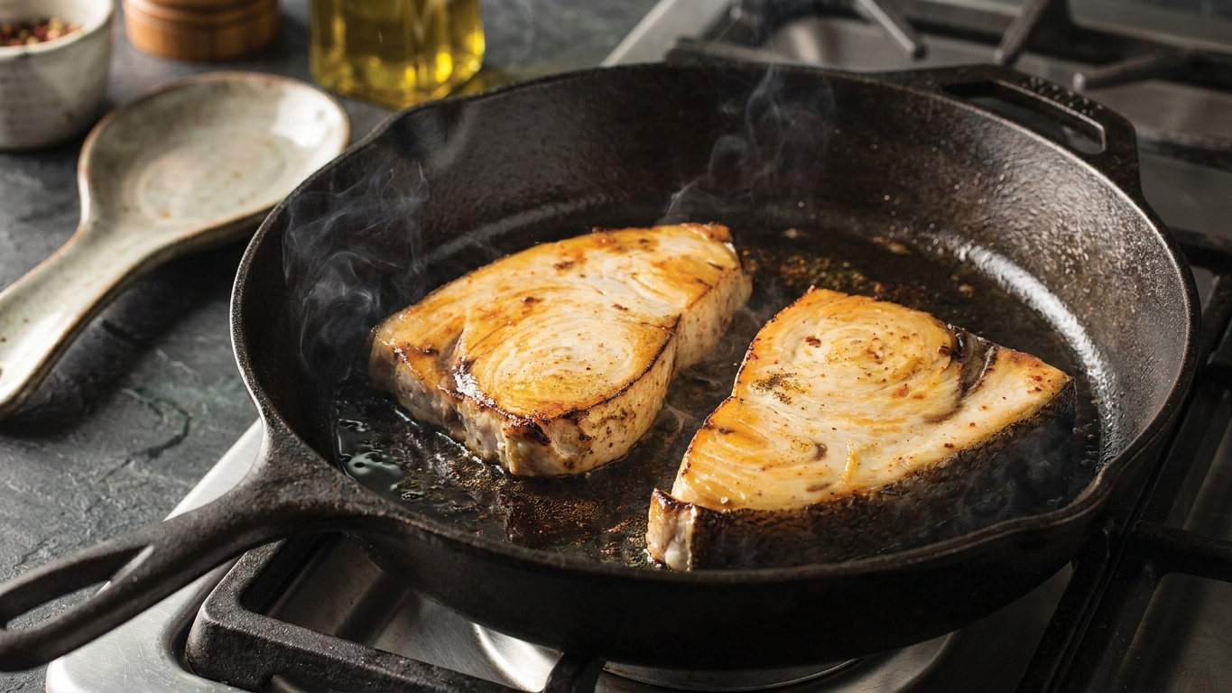 Swordfish steaks searing in a hot cast iron skillet with a light sheen of oil, edges beginning to turn golden